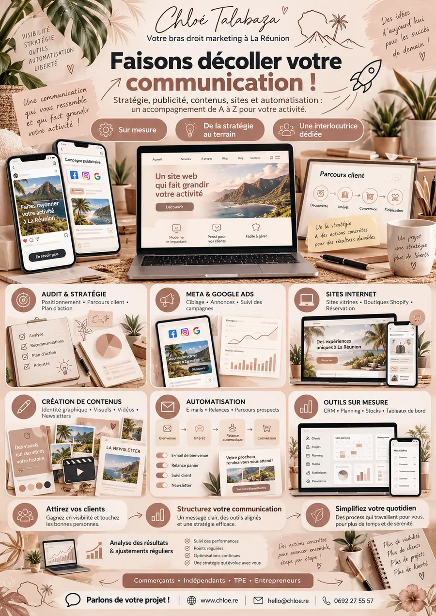 Affiche générée par une IA : beaucoup de texte, d’icônes et d’images, sans hiérarchie
